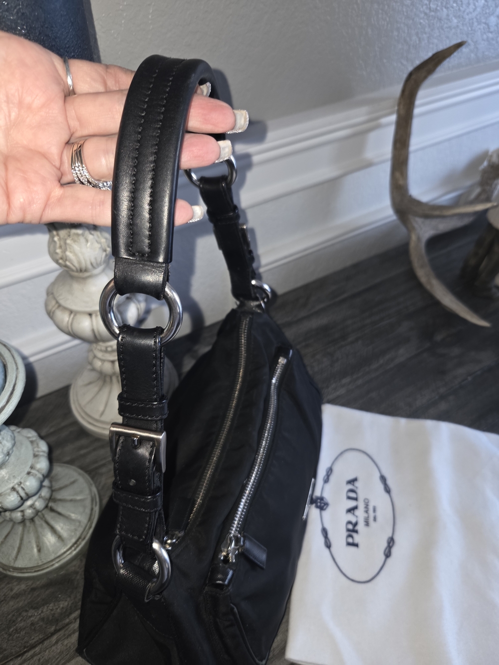 Prada Black Nylon Shoulder Bag with Chain-Link Strap - Picture 2 of 16